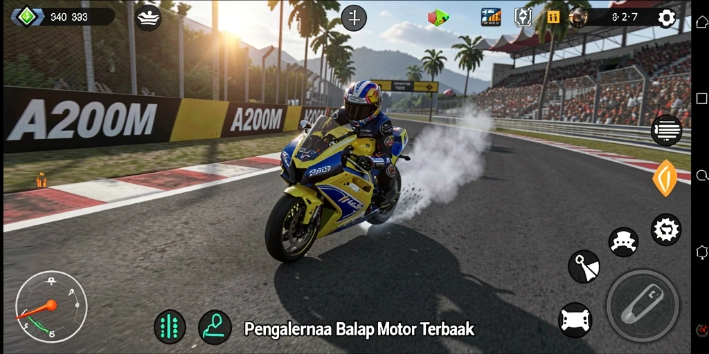 Gameplay seru A200M dalam balapan motor yang menegangkan.