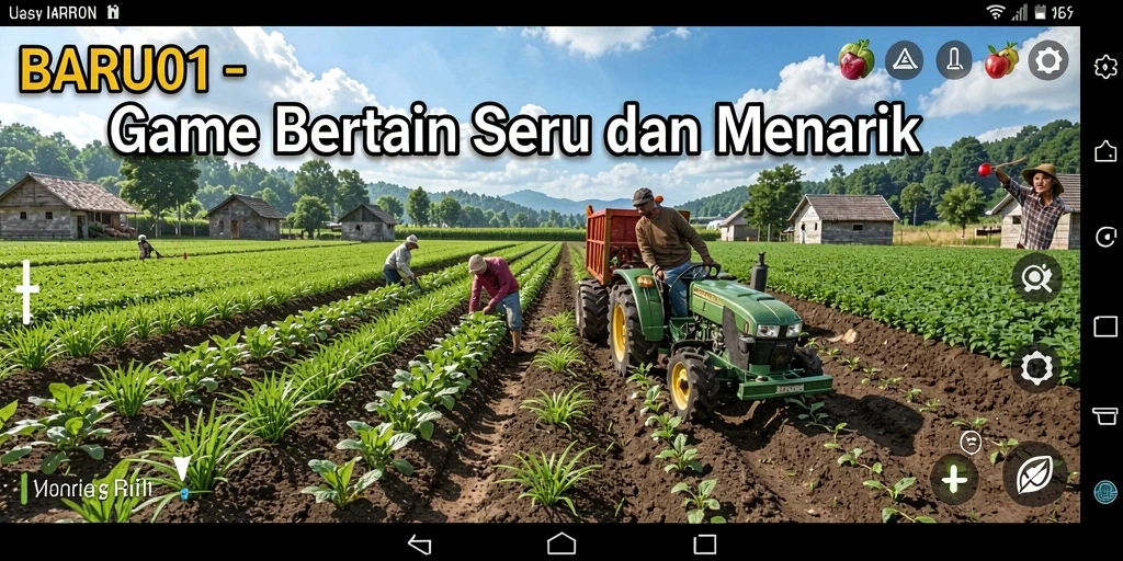 Screenshot utama BARU01 menampilkan aktivitas bertani yang seru dan interaktif.