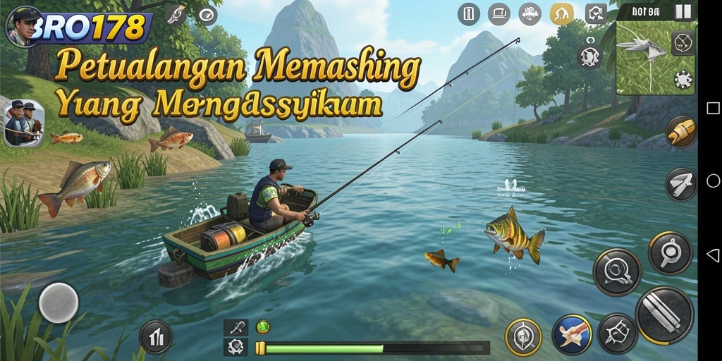 Gameplay BRO178 menampilkan suasana memancing yang menenangkan dan indah.