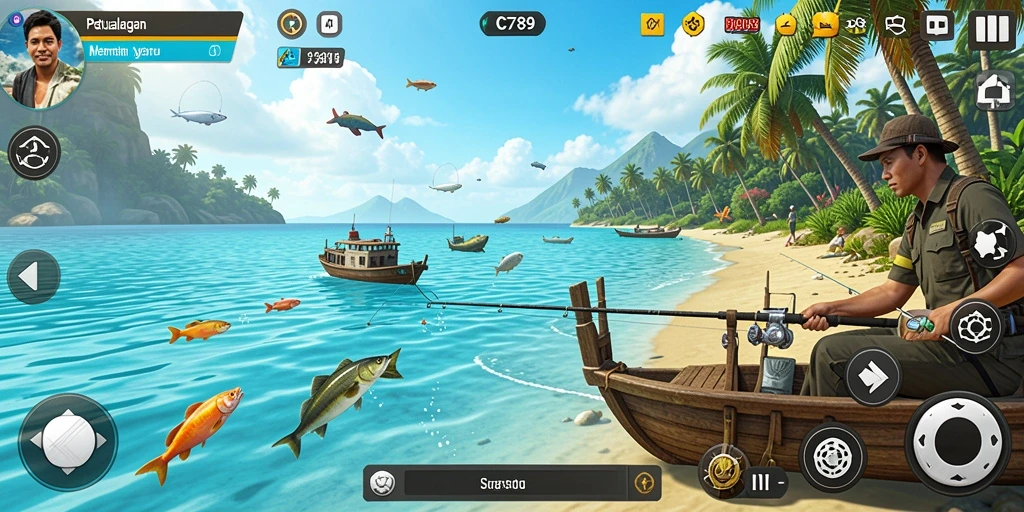Tampilan gameplay C789 yang menakjubkan saat menangkap ikan di danau.