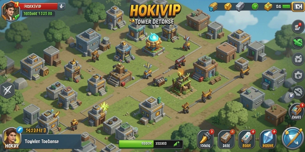 Screenshot gameplay HOKIVIP menampilkan menara yang berfungsi untuk melawan serangan musuh.