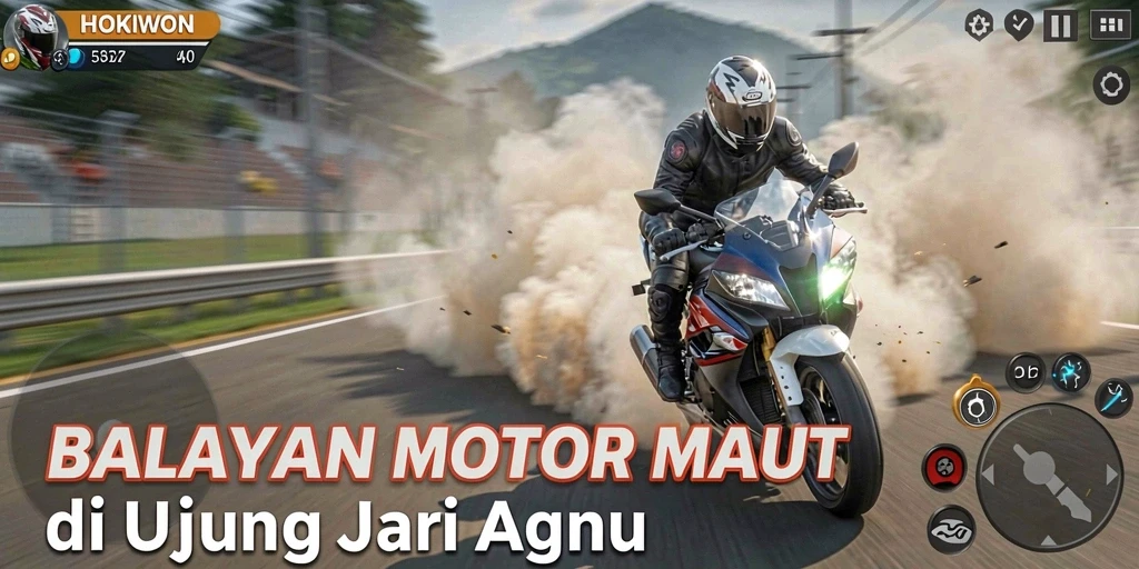 Tampilan gameplay HOKIWON yang penuh aksi balapan motor.