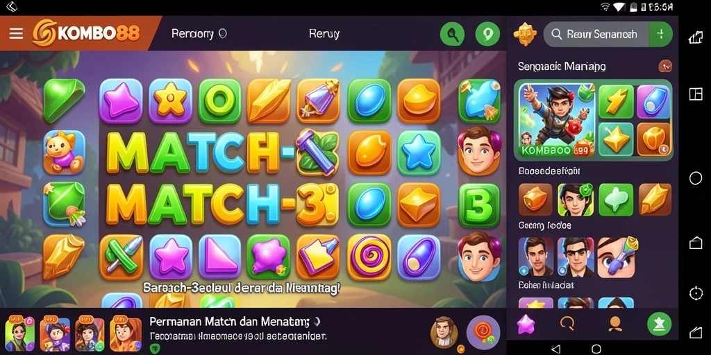 Tampilan screenshot menunjukkan gameplay Match-3 yang dinamis dan penuh warna.