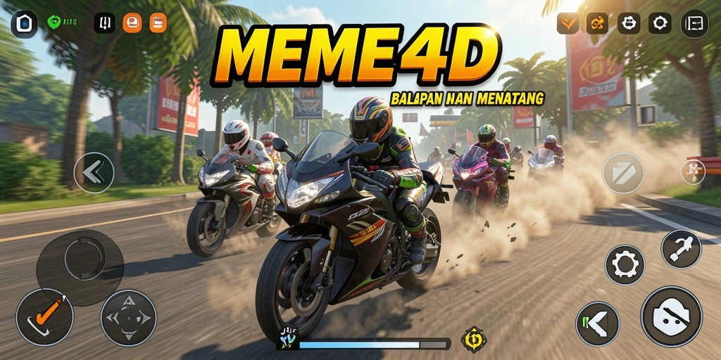 Screenshot gameplay MEME4D menampilkan aksi balapan motor yang mendebarkan.