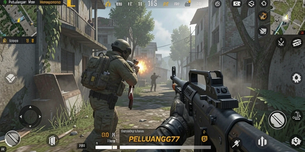 Tangkapan layar gameplay FPS PELUANG77 dengan aksi menegangkan.