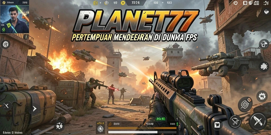 Tampilan seru dari gameplay <strong>PLANET77</strong> dalam pertempuran FPS yang mendebarkan.