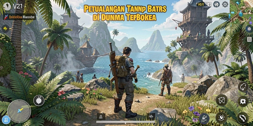 Tampilan gameplay V21 menunjukkan eksplorasi dunia yang luas dan dinamis.