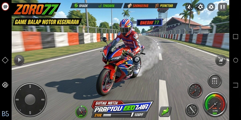 Gameplay ZORO77 yang mendebarkan dengan balapan motor cepat.